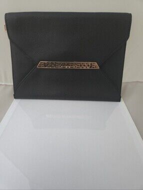 Stella & Dot Envelope Clutch Black Pebbled Vegan Leather Rose Gold Geometric Bar